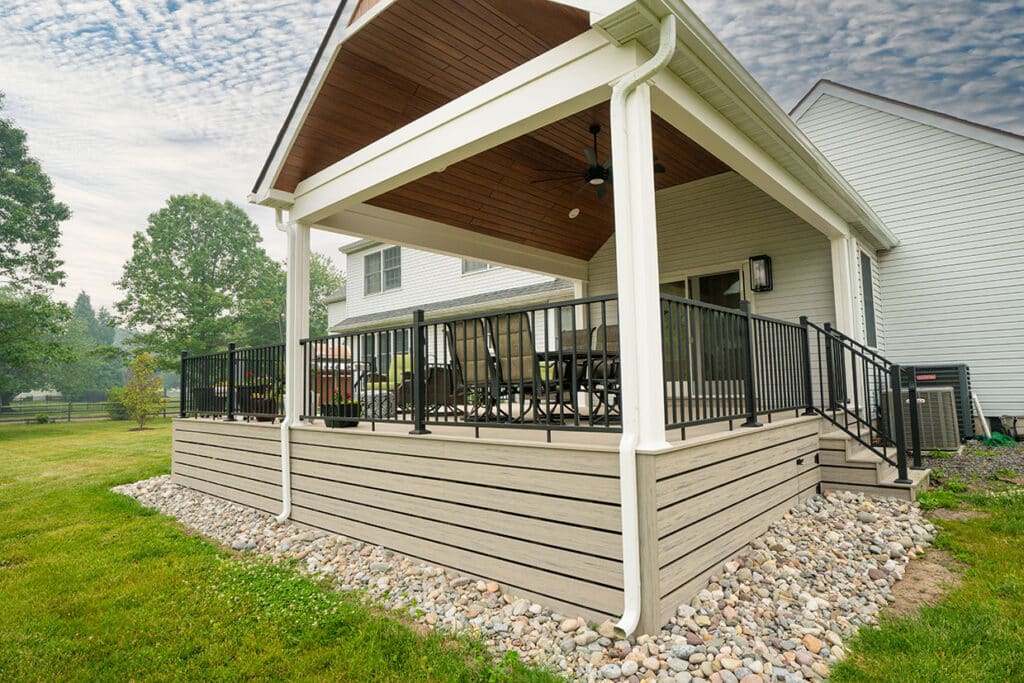 Large Composite Deck With Vinyl Railings And A-Frame Open Porch